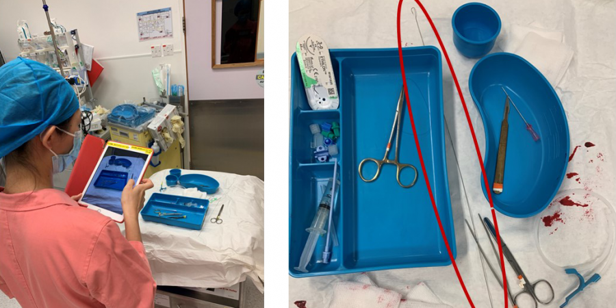 (Left) The new technology helps medical staff identify the guidewires by simply taking a photo of all the medical instruments with a smartphone or tablet. (Right) The AI image-based system then could accurately detect guidewires (as indicated by the circle) from other medical instruments using object recognition and data augmentation techniques.