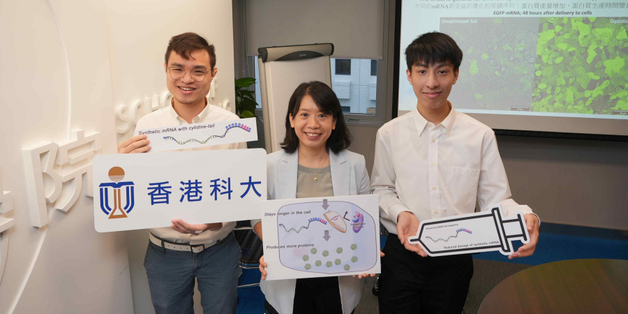 The research team led by Prof. Becki Kuang (center) and PhD candidates Jacky Li (right) and Orion Liang hopes to collaborate with pharmaceutical companies to apply their mRNA tail sequence optimization technology on mRNA drugs and vaccines.
