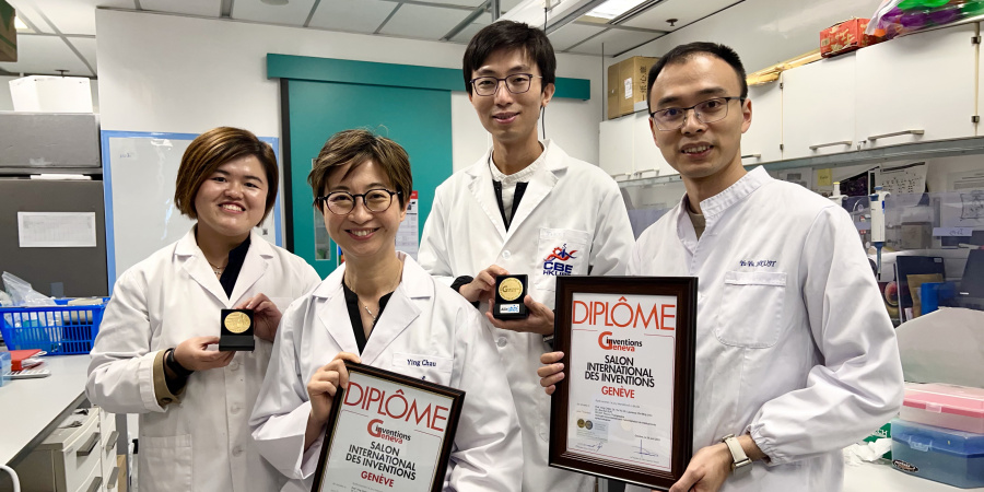 Two research projects led by Prof. Chau Ying (second from left) are acclaimed at the 48th International Exhibition of Inventions Geneva. One team with Dr. Yu Yu (far right) works on advanced polymer-based therapeutics for chronic disease, while another team with Dr. Melody Chung (far left) and Dr. Laurence Lau (second from right) is developing an artificial cell.