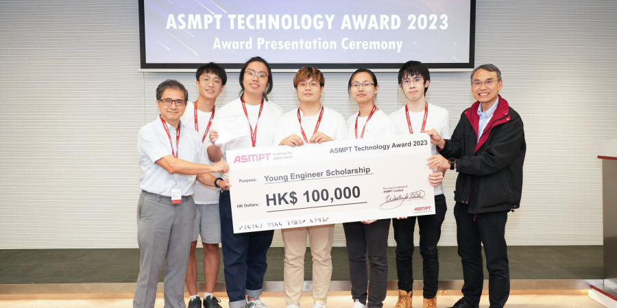 (From left) Prof. Tsui Chi-Ying, Head of Division of Integrative Systems and Design (ISD), ISD students Will Liu Pak-Hin, Evan Ma Sze-Long, Benny Sze Chung-Lam, Alan Pang Yu-Yin and Alphor Cheung Ho-Hin, as well as a representative from ASMPT at the ceremony of the ASMPT Technology Award 2023 on July 7