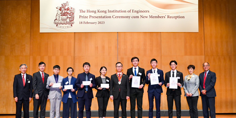 HKUST engineering students Eugene Cheung Hon (fourth right) and Law Cheuk-Him (third left) as well as alumna Cindy Aiko Filbert Tanaka (sixth left) were presented a HKIE Scholarship at the HKIE Prize Presentation Ceremony cum New Members’ Reception.