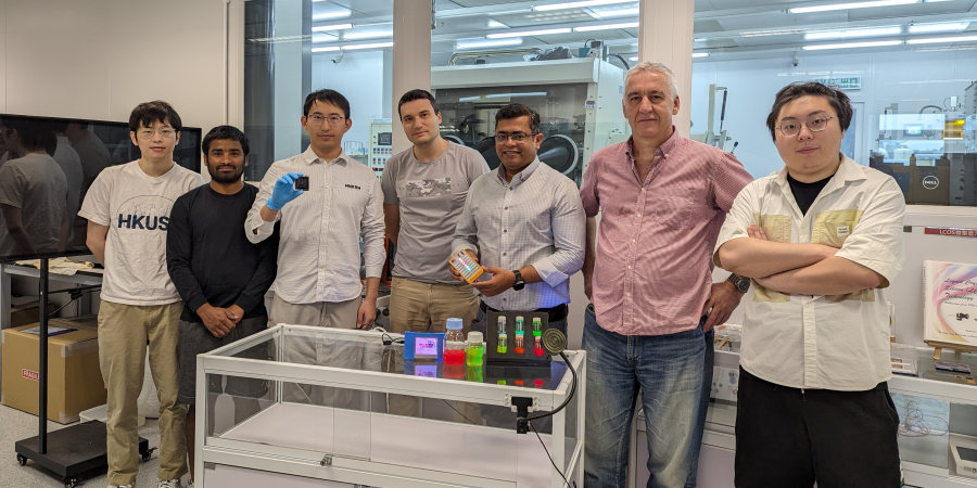 Dr. Kang Chengbin (3rd left) is holding a white LED and Prof. Abhishek Srivastava (3rd right) with a set of QRLED prototypes in his hand and various monochromatic quantum rods on the table. Other co-authors are Liao Zebing (1st left), Kumar Mallem (2nd left), Dr. Maksym Prodanov (center), Dr. Valerii Vashchenko (2nd right) and Song Jianxin (1st right).