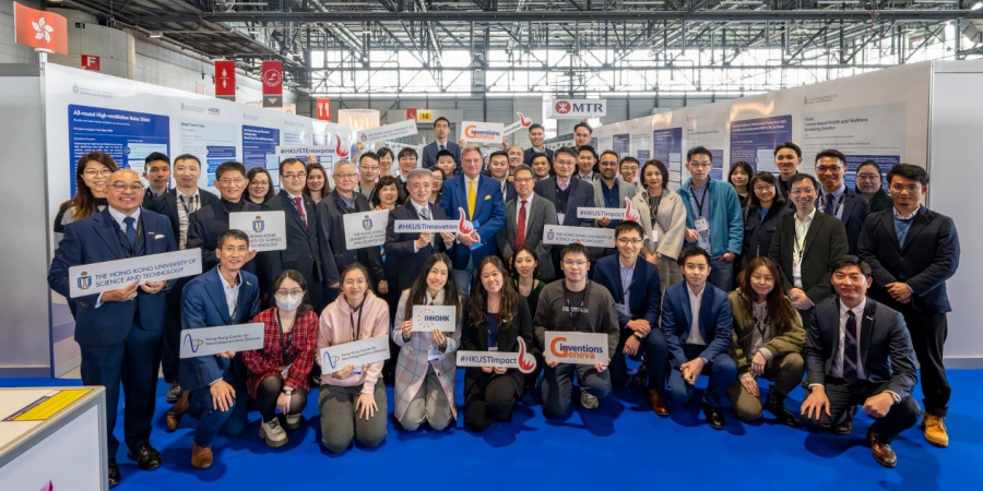 Mr. David Taji Farouki (in bright blue suit), President of the Jury of the International Exhibition of Inventions Geneva, takes a picture with all the HKUST delegation members, including Associate Vice-President for Research & Development (Knowledge Transfer) Dr. Shin Cheul Kim (2nd row, 3rd left) and Dean of Engineering Prof. Hong K. Lo (2nd row, 7th left), and the official representative of Hong Kong for the Exhibition Ir Andrew Young (2nd row, 5th left), Associate Director (Innovation) of Sino Group.