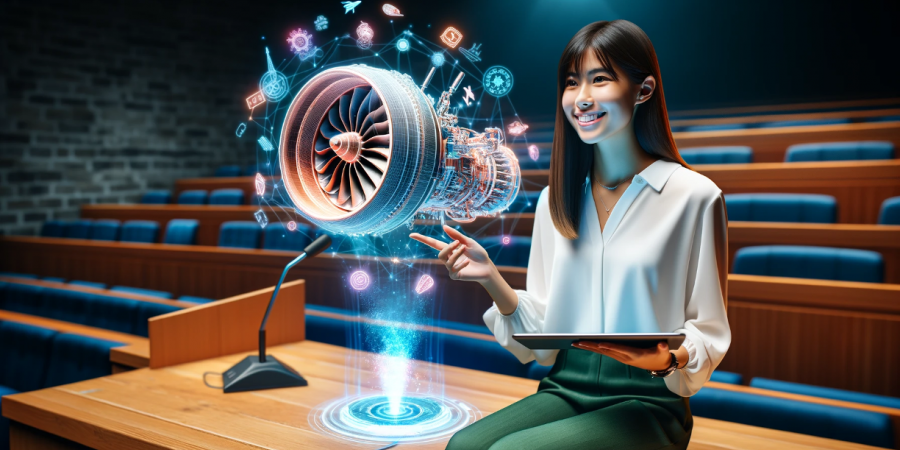 An AI-generated image portraying a learner exploring an aircraft engine with extended reality technology.