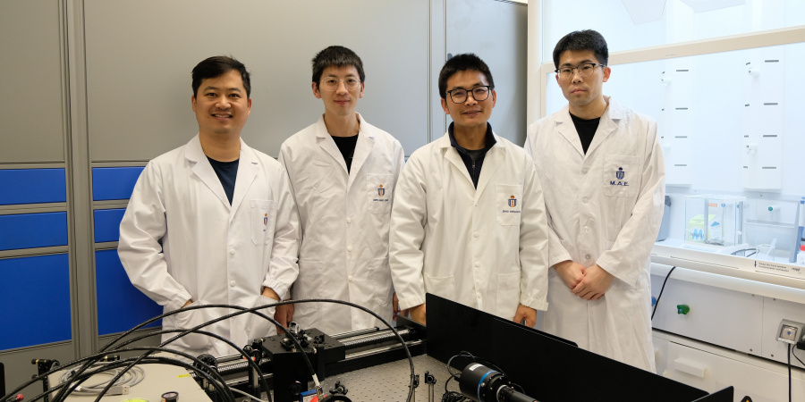 Prof. Zhou Yanguang (second right), Assistant Professor of Mechanical and Aerospace Engineering at HKUST, and his PhD students Fan Hongzhao (first left), Wang Guang (second left) and Li Jiawang (first right)