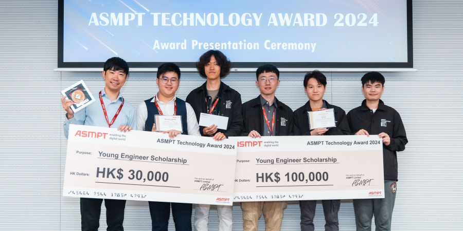 (From left) Dr. Jac Leung, Luk Wang-Lok, Yu Mukai, Huang Haolun, Lam Ka-Ming and Jiang Yicheng at the award presentation ceremony of the ASMPT Technology Award 2024 on June 21