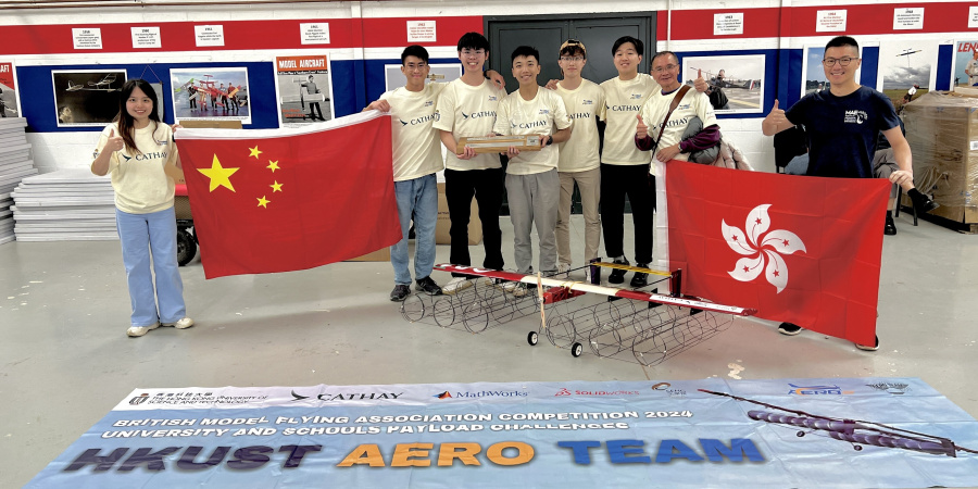 HKUST Aero Team members at the BMFA Payload Challenges 2024 (from right to left): Prof. Larry Li (team supervisor), Mr. C K Leung (team pilot), Mechanical and Aerospace Engineering undergraduates Leung Nok-Hei, Leung Yu-Hin, Keung Ho-Lam, Tsui Ho-Sum, Chu Lok-Hang, and Karine Lu Hoi-Lam.