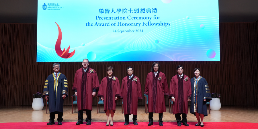 (From left) HKUST Council Chairman Prof. Harry Shum, the five honorary fellows: Prof. Peter K. Bol, Mrs. Helen Kan, Prof. Ko Ping-Keung, Mr. Vincent Ng Wing-Shun, Dr. Samuel Yung Wing-Ki and HKUST President Prof. Nancy Ip.