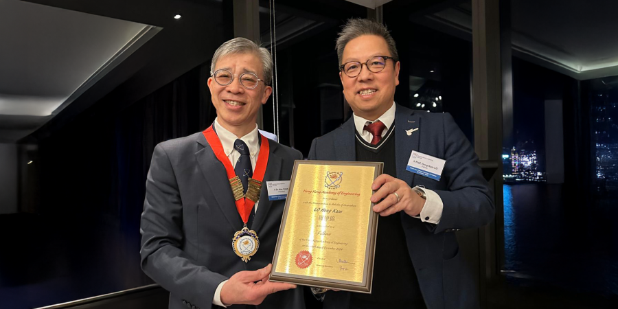 Dean of Engineering Ir Prof. Hong K. Lo, JP (right) was presented with a certificate by Ir Dr. Alex Chan Siu-Kun Chan, President of the Hong Kong Academy of Engineering, at the induction ceremony on January 20, 2025.