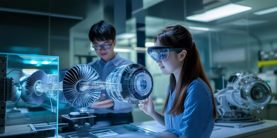 An AI-generated image showing students exploring mechanical and aerospace components via extended reality technology.