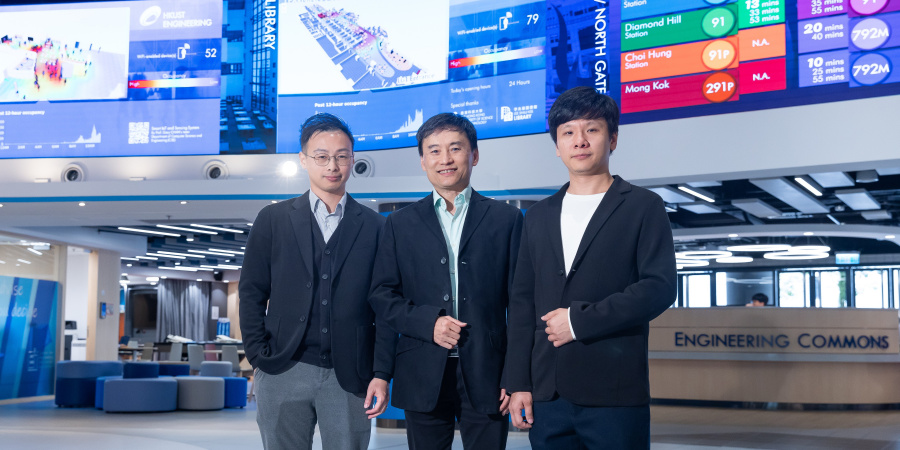 Prof. Gary Chan Shueng-Han (center), Professor of Computer Science and Engineering, and his team members Dr. Lai Ki-Kit (left), Manager of Innovation and Product Development, and Jerry Lin Zhongming (right), Assistant IT Manager, in front of the huge LED walls that display university entrances’ bus queue status and occupancy of selected study space on campus – one of the research innovations they developed and being newly featured at the Engineering Commons.