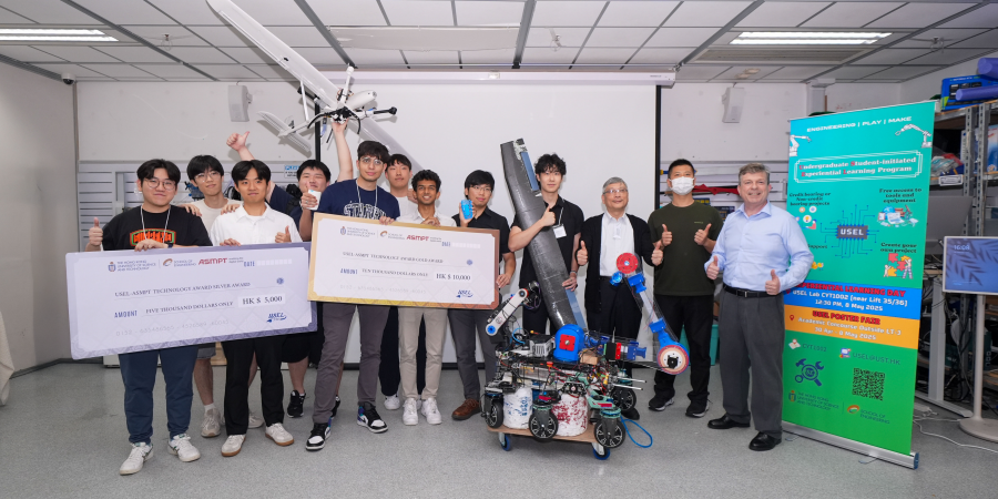 The three winning teams of the USEL-ASMPT Technology Award 2025 alongside judging panel members: Prof. Mow Wai-Ho (third right), Associate Dean of Engineering (Undergraduate Studies); Prof. Robin Ma (second right), Associate Professor of Engineering Education in the Department of Mechanical and Aerospace Engineering, and Mr. Paul Lavigne (first right), Teaching Associate of the Center for Engineering Education Innovation (E2I)