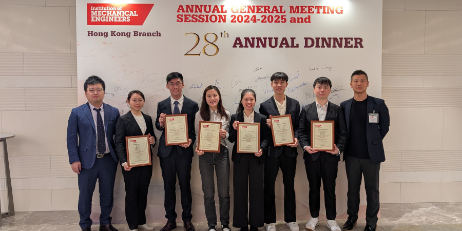 Students (from 2nd left) Mo Yuet Yau, Tsoi Shing Chi, Cheung Hoi Ching, Yeung Hoi Yi Audrey (supervised by Prof. Yanglong Lu) and students (from 3rd right) Kwan Chak Fung Kevin & WONG Wing Yat (supervised by Prof. Yanguang Zhou) received the award at the IMechE Hong Kong Branch Annual Dinner on May 15.