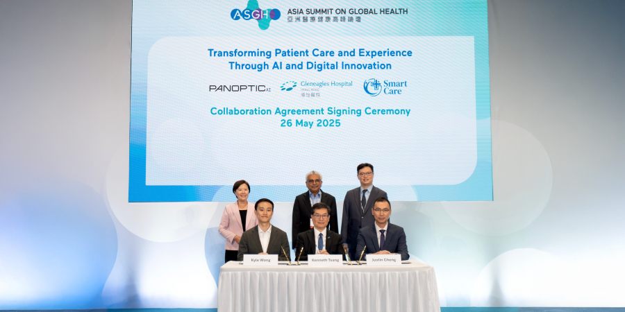 (Front row from left) Dr. Kyle Wong, Chief Executive Officer and Co-founder of PanopticAI Limited; Dr. Kenneth Tsang, Regional Chief Executive Officer of IHH Healthcare North Asia and Chief Executive Officer of Gleneagles Hospital Hong Kong; and Dr. Justin Cheng, Chief Executive Officer and Co-founder of SmartCare, sign a tripartite collaboration agreement on the development of AI-powered smart clinic solution, witnessed by (back row from left) Prof. Nancy Ip, President of The Hong Kong University of Scienc