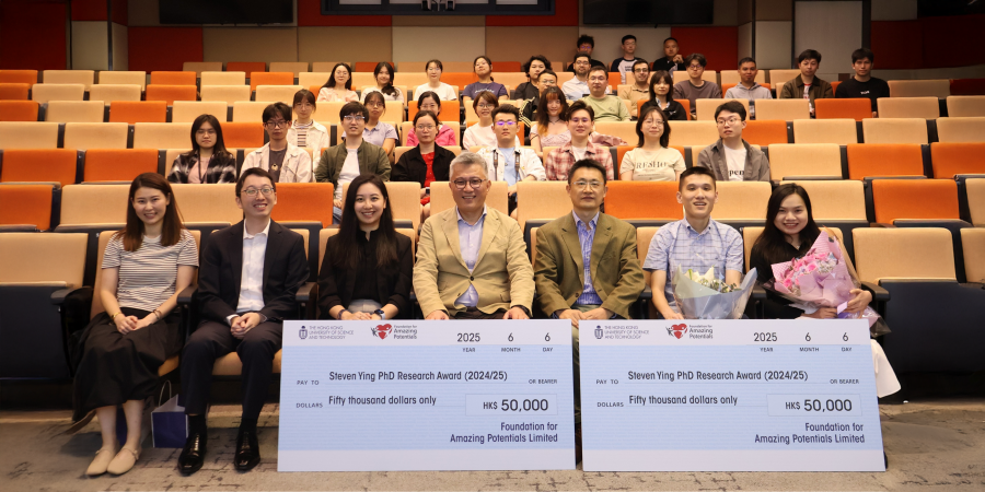 Mr. Steven Ying (front row, center), Director of the Foundation for Amazing Potentials, Prof. Shao Minhua (front row, third right), Director of HKUST Energy Institute, and the inaugural recipients of the Steven Ying PhD Research Award Liu Guimei (front row, first right), PhD student of Chemical and Biological Engineering, and Zhao Chen (front row, second right), PhD student of Ocean Science