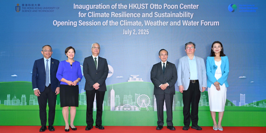 HKSAR Secretary for Environment and Ecology Mr. Tse Chin-Wan (third left), Ir Dr. Otto Poon (third right), HKUST President Prof. Nancy Ip (second left), Provost Prof. Guo Yike (second right), Vice-President for Research and Development Prof. Tim Cheng (first left), and CCRS Director Prof. Lu Mengqian (first right) officiate the inauguration ceremony for the HKUST Otto Poon Center for Climate Resilience and Sustainability.