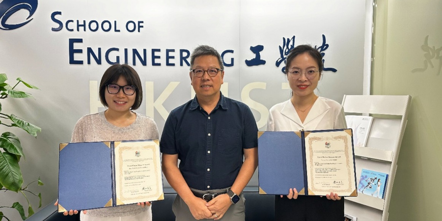 Dean of Engineering Prof. Hong K. Lo (center) and his PhD students Su Zhiya (left) Ma Qiru (right)