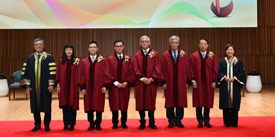 （左起）科大校董会主席沈向洋教授、六位荣誉院士陈珊珊女士、张世成先生、麦健辉教授、汤复基博士、王德威教授、周礼栋博士及科大校长叶玉如教授。