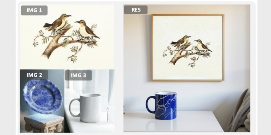 在多模態指令生成任務中,DreamOmni2能基於圖片中的實體進行圖像生成,例如提取圖一的畫作掛在臥室牆上,將圖二盤子的材質套用在圖三的水杯,並將水杯放置在桌子上,以生成符合用家要求的新圖像。 在多模態指令生成任務中,DreamOmni2能基於圖片中的實體進行圖像生成,例如提取圖一的畫作掛在臥室牆上,將圖二盤子的材質套用在圖三的水杯,並將水杯放置在桌子上,以生成符合用家要求的新圖像。