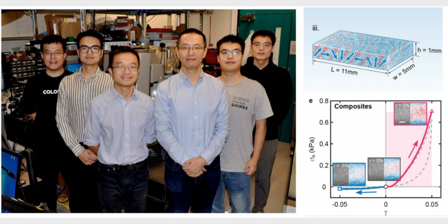 An HKUST research team led by Prof. Hu Wenqi (left third) and Prof. Xu Qin (third right) develops soft composites with non-reciprocal responses through shear-jamming transitions.