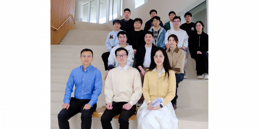 Group photo of the HKUST research team, including Prof. Wang Yiwen, Associate Professor (first row, right); Dr. Wu Shenghui (first row, center), Research Assistant Professor, from the Department of Electronic and Computer Engineering; and Prof. Liu Kai (first row, left), Professor in the Division of Life Science and the Department of Chemical and Biological Engineering, along with other research members.