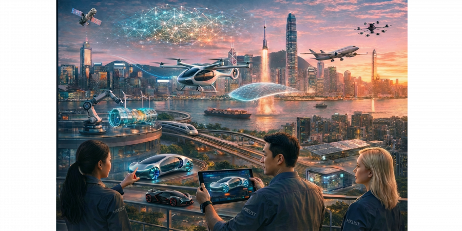 An AI-generated image illustrating the many facets of Mechanical and Aerospace Engineering (MAE): HKUST’s MAE programs empower students to shape the future by integrating AI, extended reality, and real-world innovation across air mobility, robotics, sustainable energy, smart manufacturing, advanced materials, space technologies, and beyond.