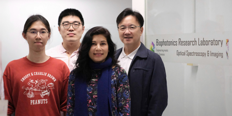 The cross-disciplinary research team includes co-corresponding authors Prof. Qu Jianan (right, back row) and Prof. Julie L. Semmelhack (right, front row), together with co-first authors Mr. Yan Gewei (left, back row) and Dr. Tian Guangnan (right, front row).