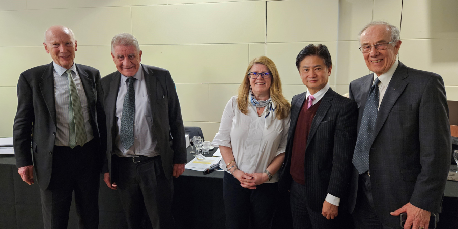 A group photo of Prof. Charles Ng (second right) with BGA Chair Ir Chaido Doulala‑Rigby (third right) and previous Rankine Lecturers, including Dr. Brian Simpson (first right), 32nd Rankine Lecturer; Prof. Lord Robert Mair (first left), 46th Rankine Lecturer; and Prof. Antonio Gens (second left), 47th Rankine Lecturer.