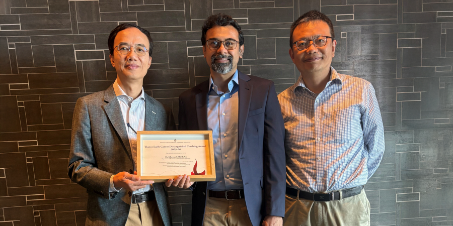 Dr. Khawar Sarfraz (center), Lecturer I in the Department of Electronic and Computer Engineering (ECE), received the Thetos Early Career Distinguished Teaching Award 2025-26 from Prof. Jimmy Fung (left), HKUST Associate Provost (Teaching & Learning). Also pictured is Prof. Yu Weichuan (right), Associate Head (PG Studies and Outreach) of the ECE Department.