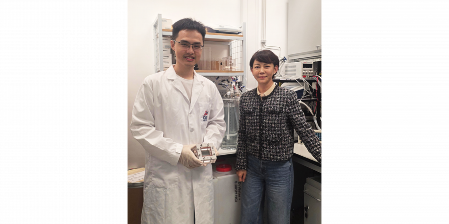 Prof. Alicia An (right), Professor in the Department of Chemical and Biological Engineering and the study’s corresponding author, together with her postdoc Dr. Sun Jiawei (left), the study’s first author, who is holding a membrane module, are pictured beside a desalination system.
