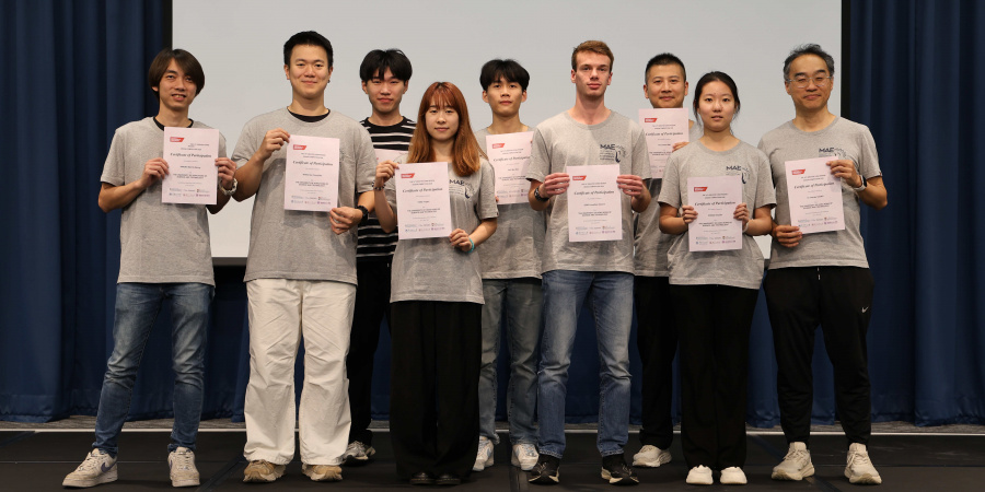 Prof. Robin Ma (back row, first right), Dr. Stanley Leung (front row, first right) and seven Mechanical and Aerospace Engineering students who joined the 14th IMechE Greater China Design Competition on April 15 at the HKUST Tsang Shiu Tim Art Hall.