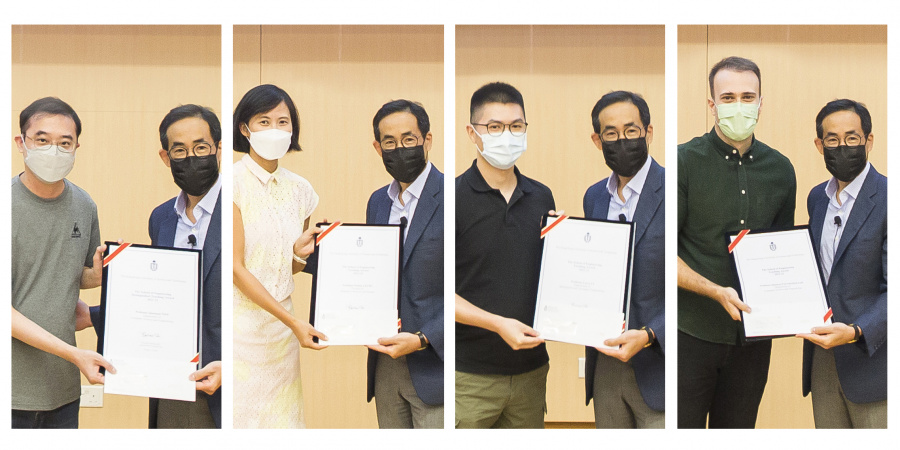 (From left) Prof. Desmond Tsoi, Prof. Winnie Leung, Prof. Larry Li, and Prof. Dimitris Papadopoulos received the SENG Teaching Excellence Appreciation Award 2021-22 from Prof. Bert Shi, Acting Dean of Engineering.