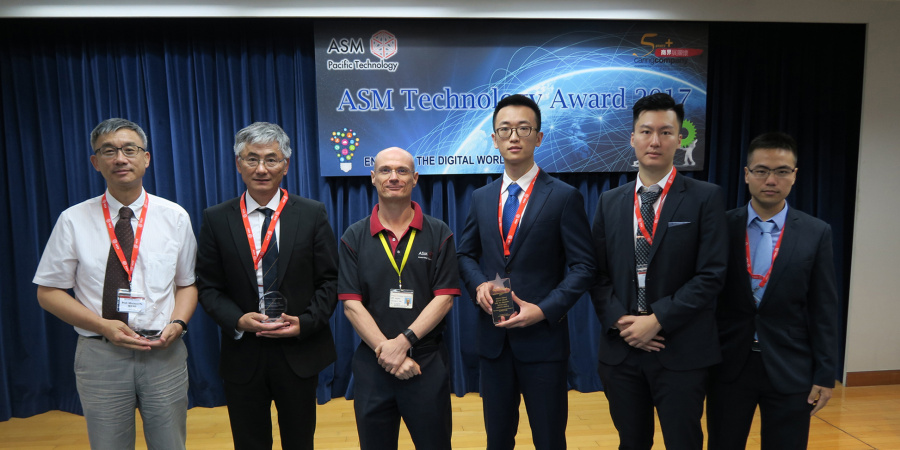 (From left) Prof Michael Wang, Prof Lilong Cai, Dr Gary Peter Widdowson (Vice President, Technology, ASMPT), Chenxi Feng, Alexander Yu Tse and Chunli Jiang