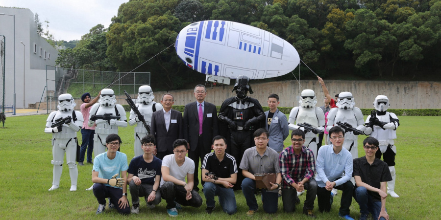 Group Photo of Disney-HKUST Grant Project Event. 2nd row in the group photo (from left to right): Prof Tim Kwang Ting Cheng, Dean of Engineering, Chair Professor of Electronic & Computer Engineering and Computer Science & Engineering, HKUST; Dr Eden Y Woon, Vice-President for Institutional Advancement, HKUST; Darth Vader; Mr Marcus Wong, Director, Corporate Citizenship, The Walt Disney Company Hong Kong.
