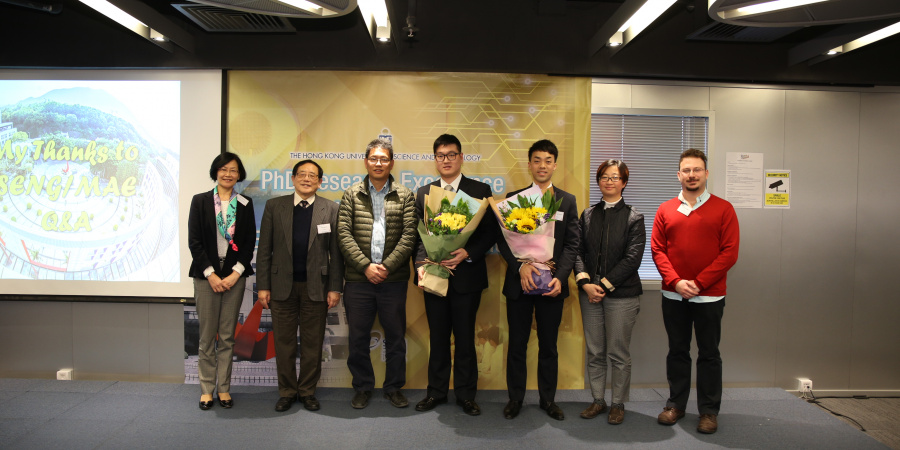 At the award ceremony: (from left) Prof Ping Gao, Department of Chemical & Biomolecular Engineering; Prof Tongxi Yu, Acting Dean of Engineering; Prof Christopher Chao, Head of Department of Mechanical & Aerospace Engineering and Edwin’s supervisor; Dr Edwin Chi Yan Tso; Dr Langston Wai Leung Suen; Prof Ying Chau, Department of Chemical & Biomolecular Engineering and Langston’s supervisor; Mr Enis Terzioglu, School of Engineering MPhil student and emcee of the ceremony