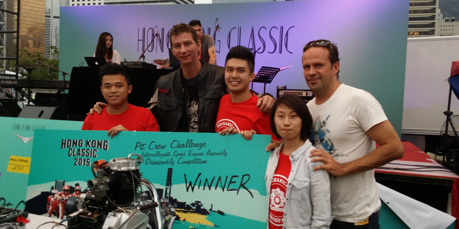 HKUST Solar Car Team members won the champion in the Pit Crew Challenge – Intercollegiate Speed Engine Assembly and Disassembly Competition in the Hong Kong Classic 2015.