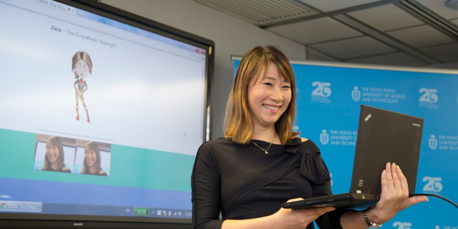 Prof Pascale Fung demonstrates how to communicate with Zara, an empathetic robot.