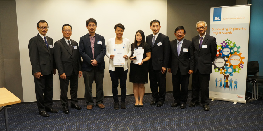 Gold Award team members Belsy Wai Tung Yuen (4th from left) and Kandy Kan Kan Yeung (4th from right), with Prof Christopher Chao (3rd from left), at the award presentation ceremony on 23 June 2014.