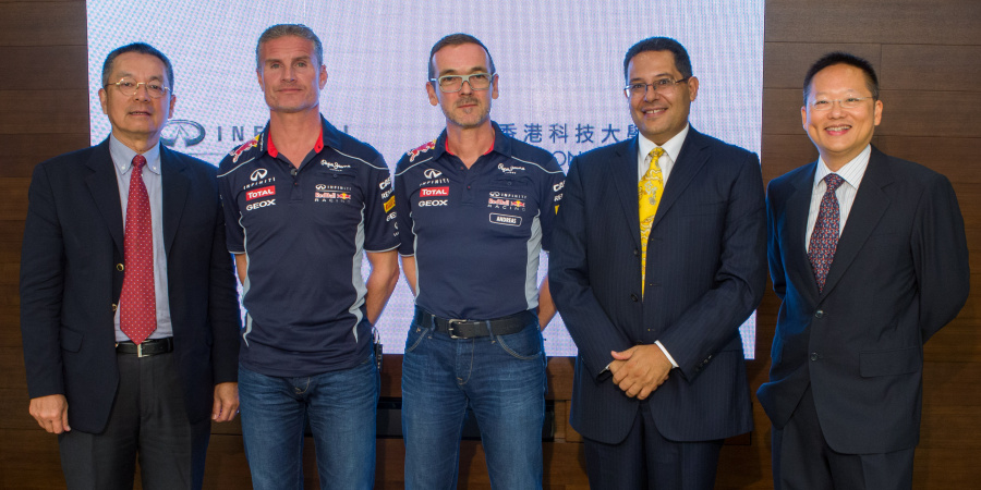 (左起)科大副校长翁以登博士、Infiniti Red Bull一级方程式车手大使David Coulthard先生、Infiniti F1全球总监Andreas Sigl先生、科大工程学院院长李德富教授和工业工程及物流管理学系苏孝宇教授。