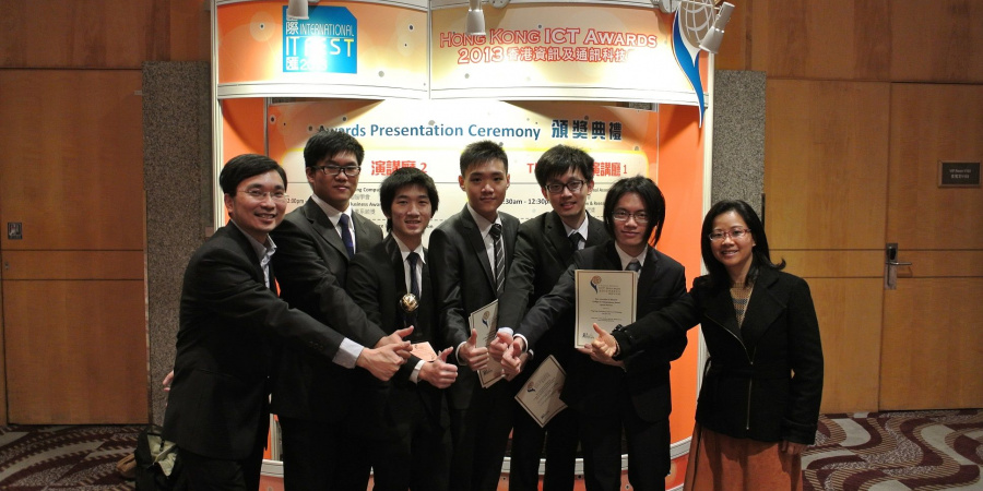At the award presentation ceremony on 8 April: (from left) Prof Tim Woo, Adrian Hei Chit Yuen, Andreas Widy, Victor Yuk Cheung Lee, Lap Hin Wong, Jerry Chun Yin Chu, and Ms Wen Huang, Engineering Manager of Prof Gary Chan’s research group.
