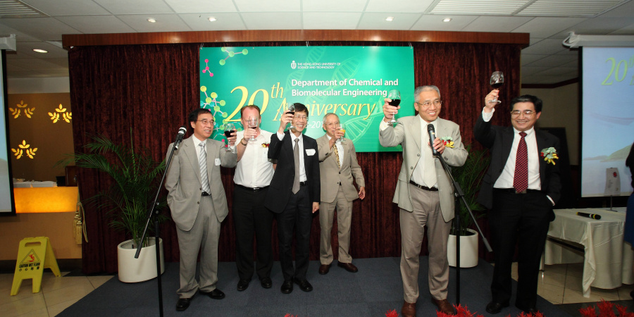 A birthday toast to CBME. From left to right: Prof Chi-Ming Chan, Prof Gordon McKay, Prof Ka Ming Ng, Prof Po Lock Yue, Prof Yongli Mi and Prof Guohua Chen