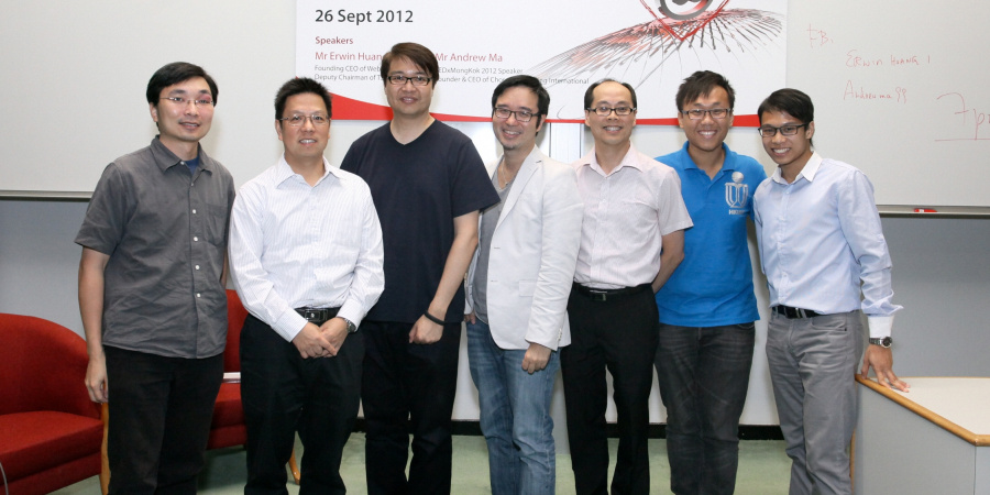 (From left) Director of Global & Community Engagement Program Prof Tim Woo, HKUST Associate Dean of Engineering Prof Hong K Lo, Mr Erwin Huang, Mr Andrew Ma, HKUST Associate Dean of Engineering Prof Roger Cheng, student Mr Ryan Kow and graduate Mr Angus Luk