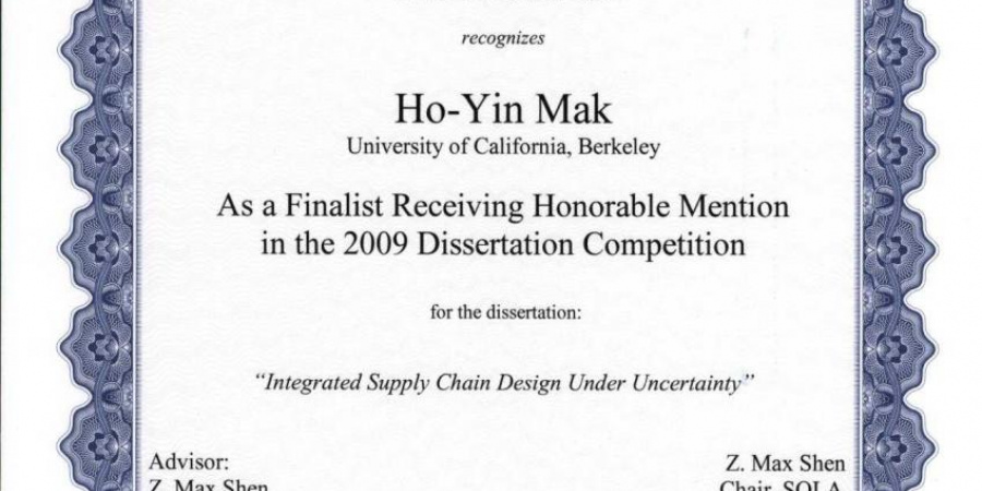Prof Ho-Yin Mak Received Honorable Mention