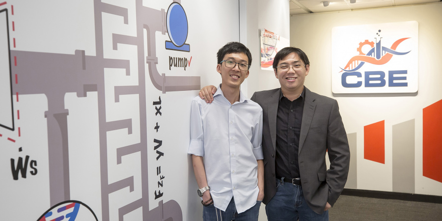 (From right) HKUST alumni Donald Lai and Winsor Lee, who earned Bachelor’s degrees from the Department of Chemical and Biological Engineering and worked on research projects at the University, joined the same company after graduation where they continue to further their research and apply their engineering knowledge, which in turn has contributed to society during the COVID-19 pandemic. 