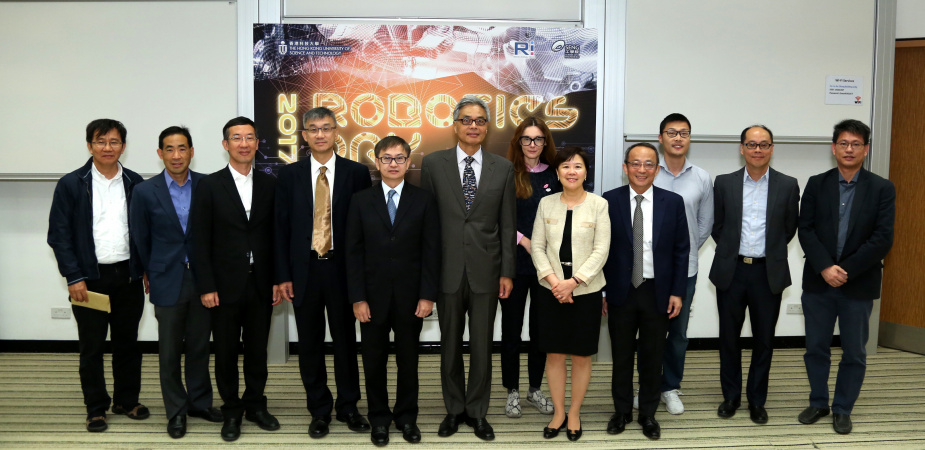 The organizers and speakers (from left) – (4th) Prof Michael Wang, Director of the HKUST Robotics Institute; (5th) Dr David Chung Wai-keung, Under Secretary for Innovation and Technology, HKSAR Government; (6th) Prof Wei Shyy, Executive Vice-President & Provost, HKUST; (8th) Prof Nancy Ip, Vice-President for Research and Graduate Studies, HKUST; and (9th) Prof Tim Cheng, Dean of Engineering, HKUST.