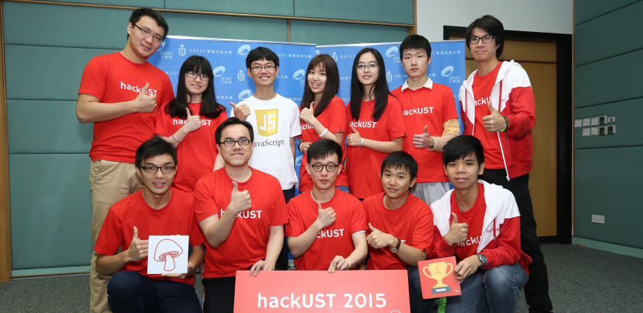 Mr Stone Huang, Technical Supervisor, Social Platform Department, Tencent, (3rd from left, back row)also one of the judges of Hackathon@HKUST 2015, together with two of the winning teams RoundUp and Everhelp, and the student organizing team.
