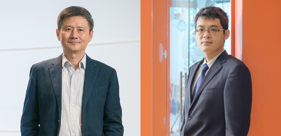 (From left) Prof. Zhou Xiaofang has been named Otto Poon Professor of Engineering while Prof. Wang Jiguang has been appointed Padma Harilela Associate Professor of Life Science.