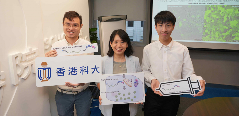 The research team led by Prof. Becki Kuang (center) and PhD candidates Jacky Li (right) and Orion Liang hopes to collaborate with pharmaceutical companies to apply their mRNA tail sequence optimization technology on mRNA drugs and vaccines.