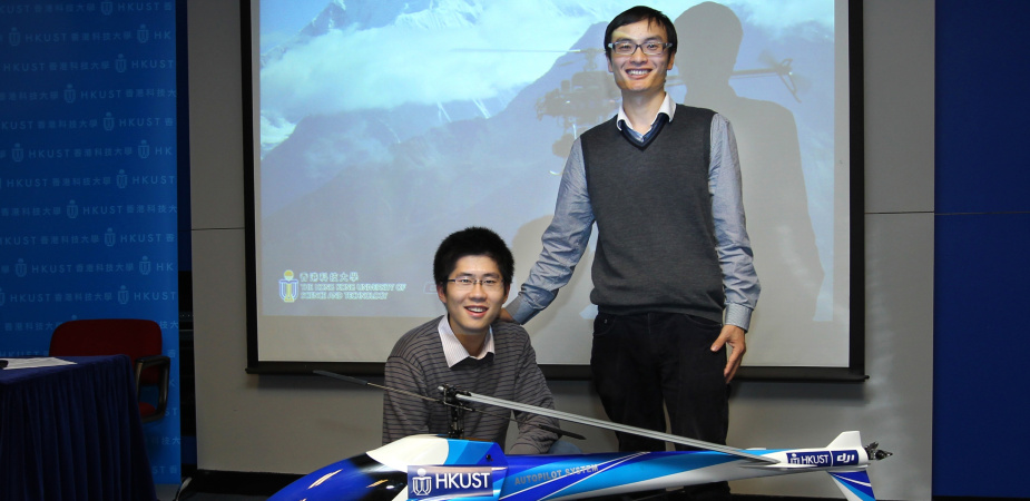 Frank Wang (right) and Jianyu Song with their helicopter 