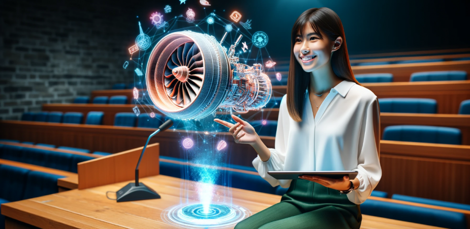 An AI-generated image portraying a learner exploring an aircraft engine with extended reality technology.